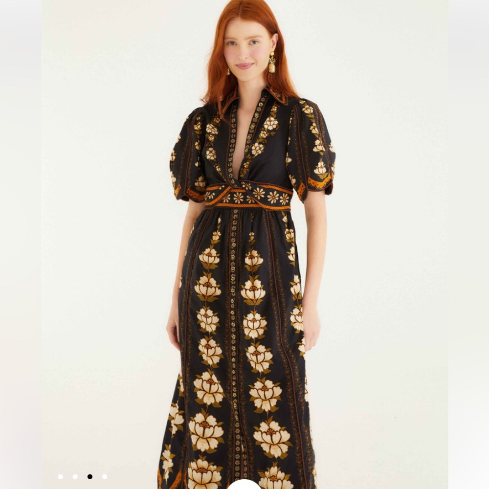 NWT Anthropologie FARM Rio Black Embroidered Flowers Floral Midi Shirt Dress M - Picture 7 of 11